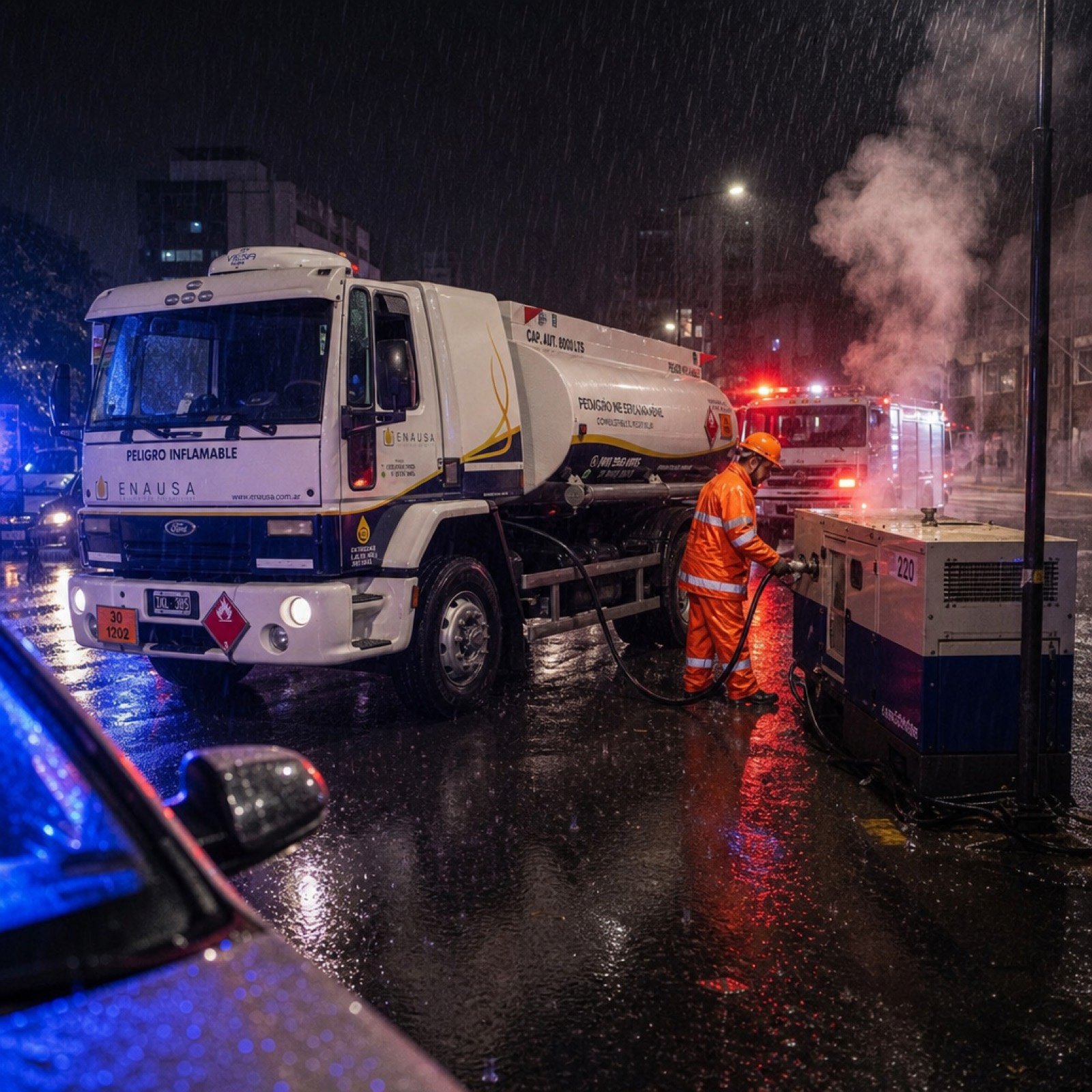 Cisterna ENAUSA reabasteciendo un generador en plena noche bajo lluvia