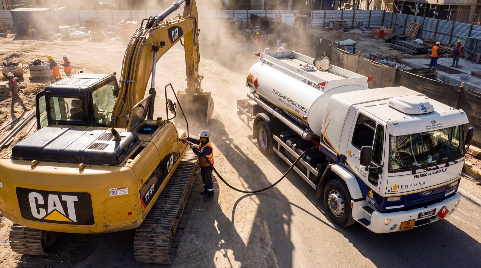 Cisterna ENAUSA recargando excavadora CAT en obra