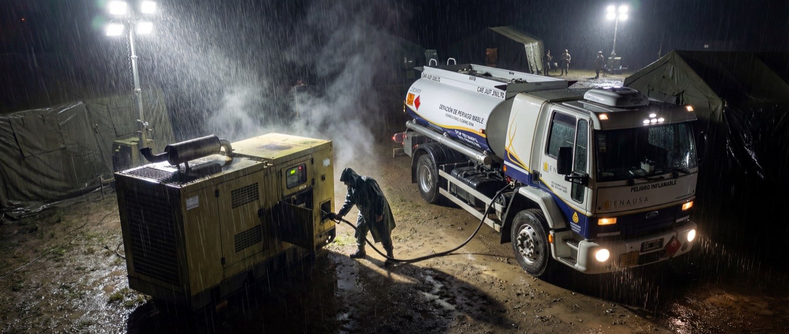 Cisterna ENAUSA recargando generador en operación nocturna bajo lluvia
