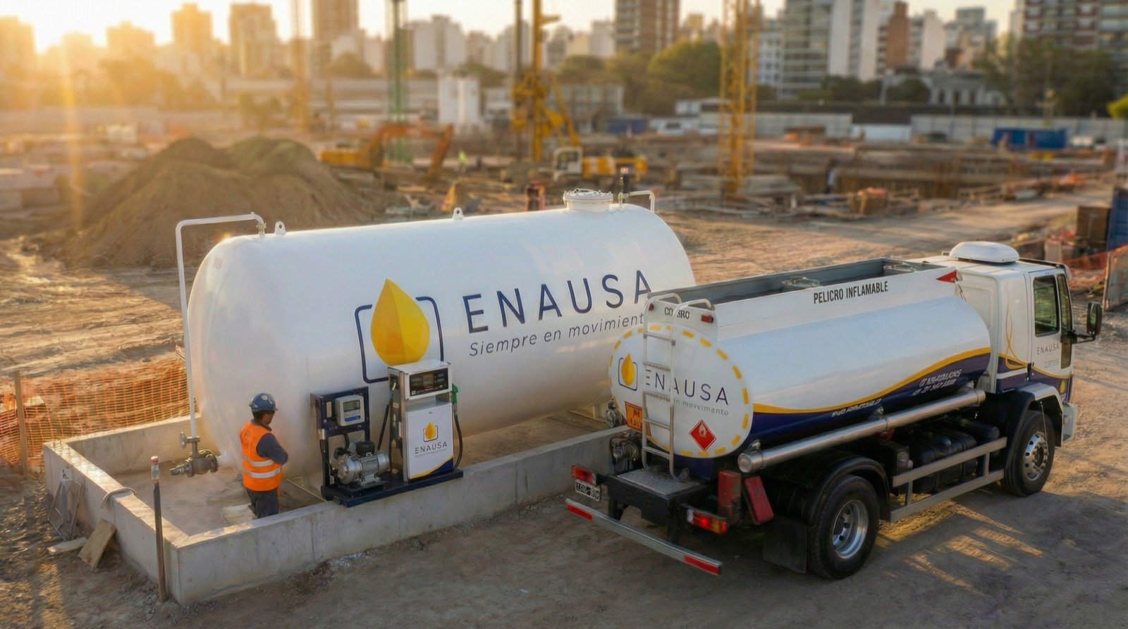 Tanque ENAUSA en comodato instalado en obra al atardecer
